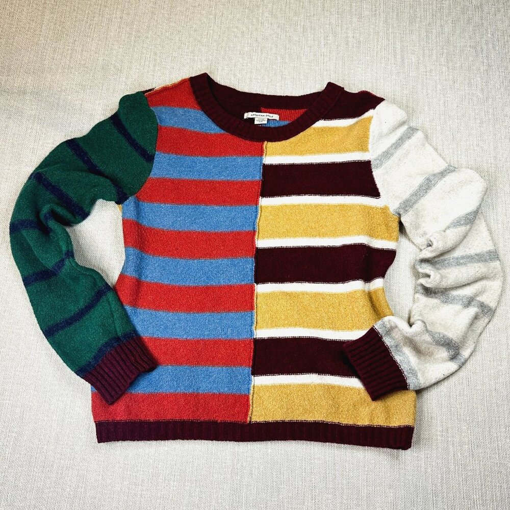 Vintage American Eagle Patchwork Stripe Sweater, Crew Neck, Size Small, Colorful